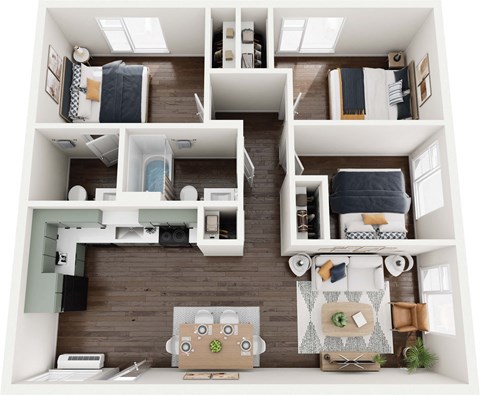 A top-down view of a small apartment with a kitchen, living room, and bedrooms.